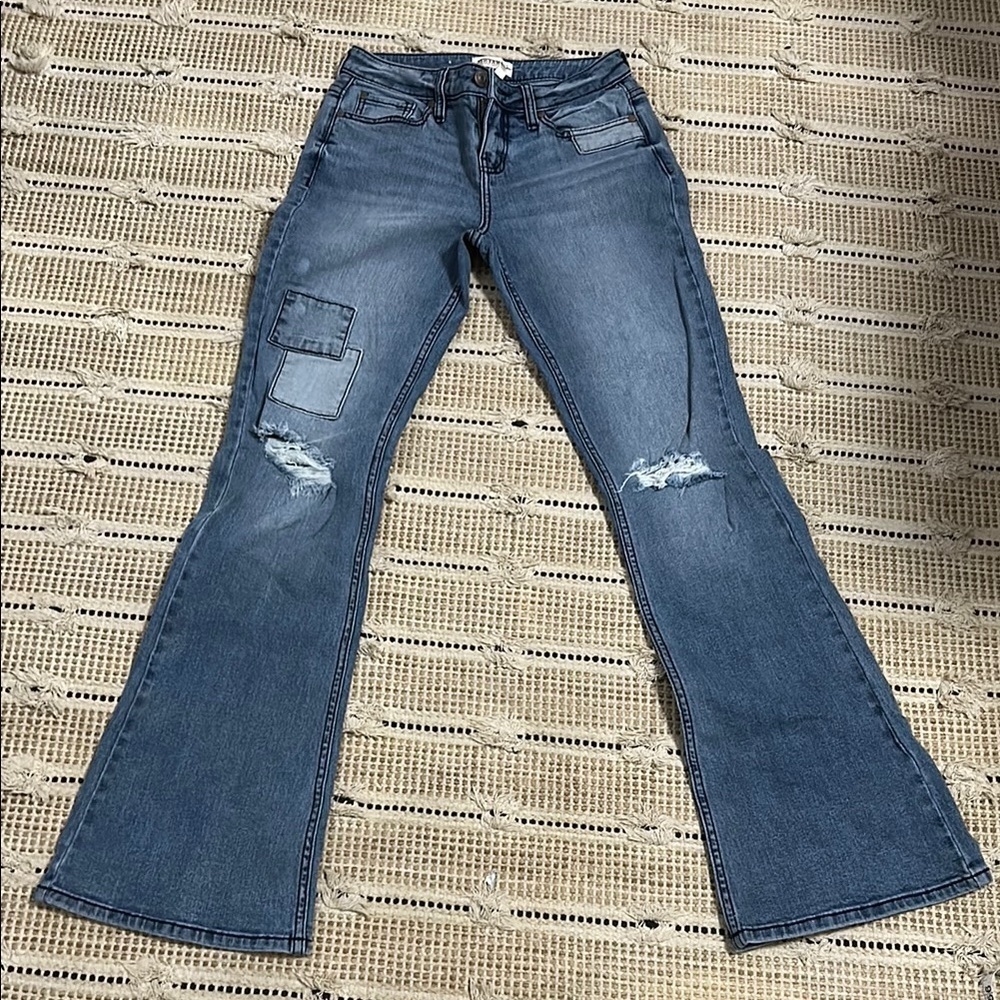 Shyanne Blue Flare Wide Leg Jeans with Distressed Details